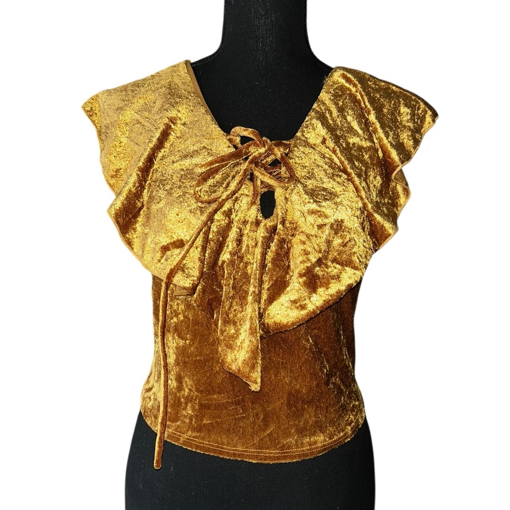 Charlotte Russe Velour Ruffle Tie Front Top – Gold, Sleeveless | Y2K Glam Style